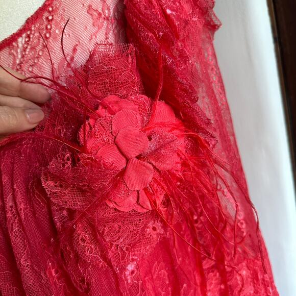 BADGLEY MISCHKA | Pink Red Tiered Pleated Lace Bell Sleeve Dress | Size 2 - Picture 3 of 8